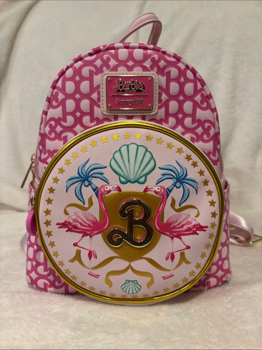Loungefly Barbie The Movie Logo Flamingo Crest Mini Backpack Pink